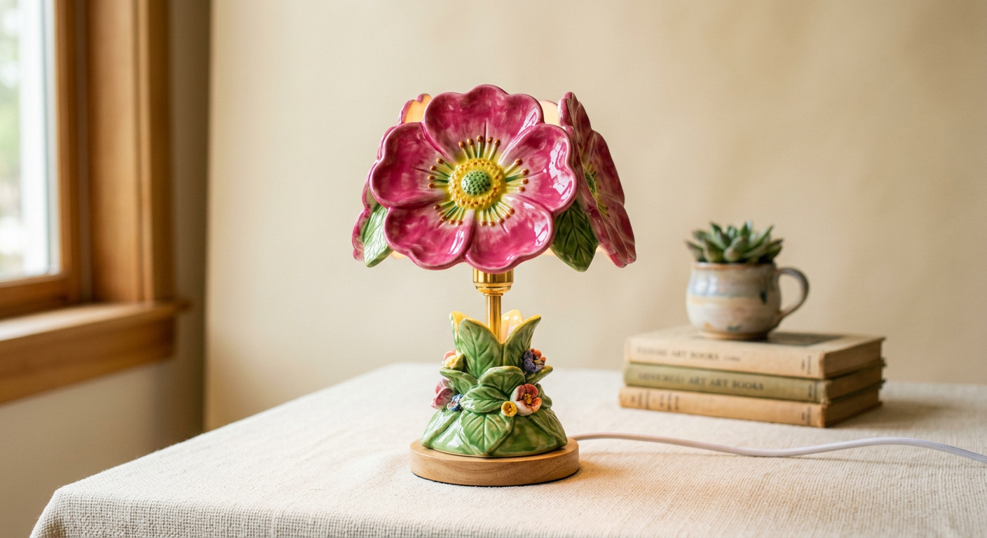 Lampe de table vintage en céramique en forme de fleur rose