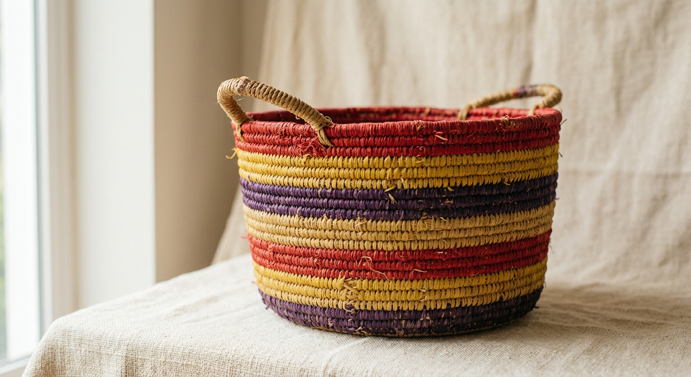 Panier en raffia tissé de rayures rouges, jaunes et violettes