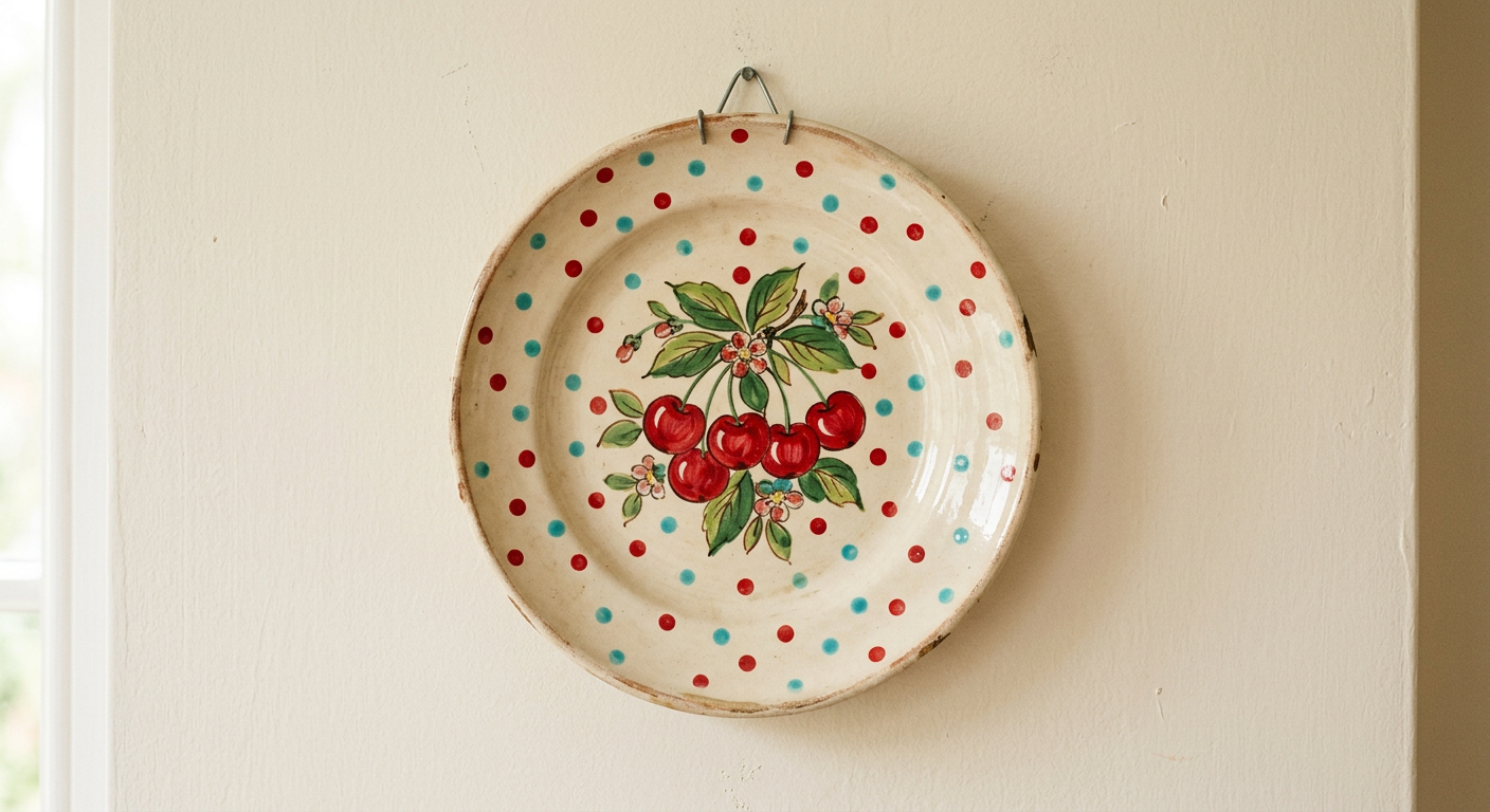 Assiette décorative aux cerises et petits pois rouges et bleus