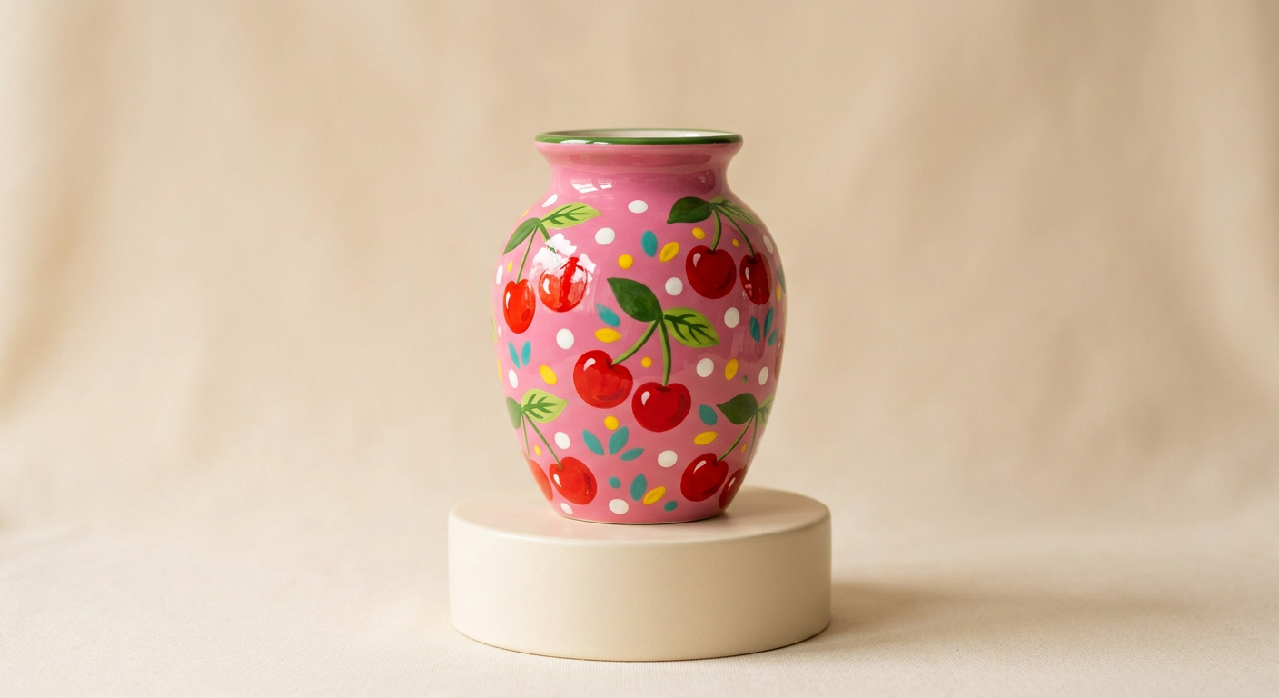 Vase en céramique neuf à motif de cerises, posé sur un fond beige uni