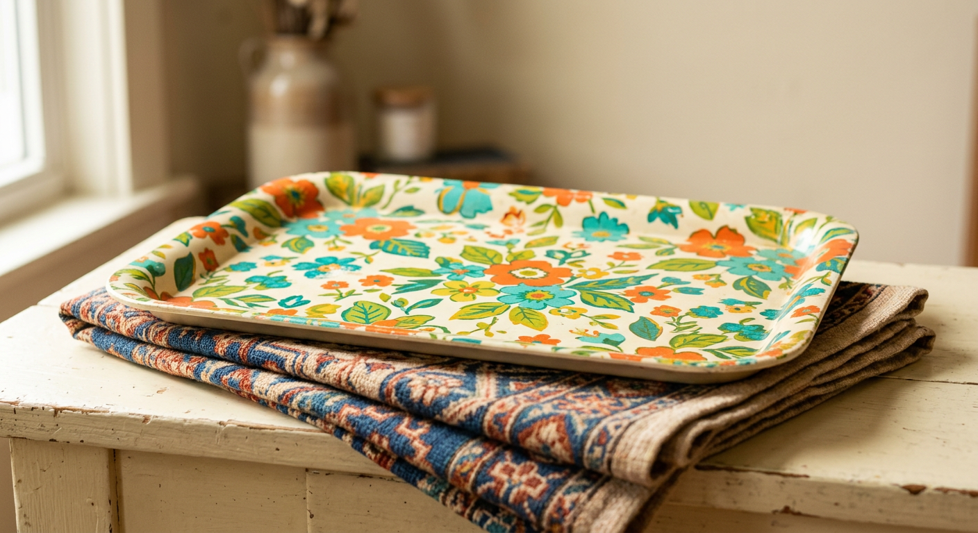 Plateau en mélamine à motif floral déposé sur un linge brodé plié