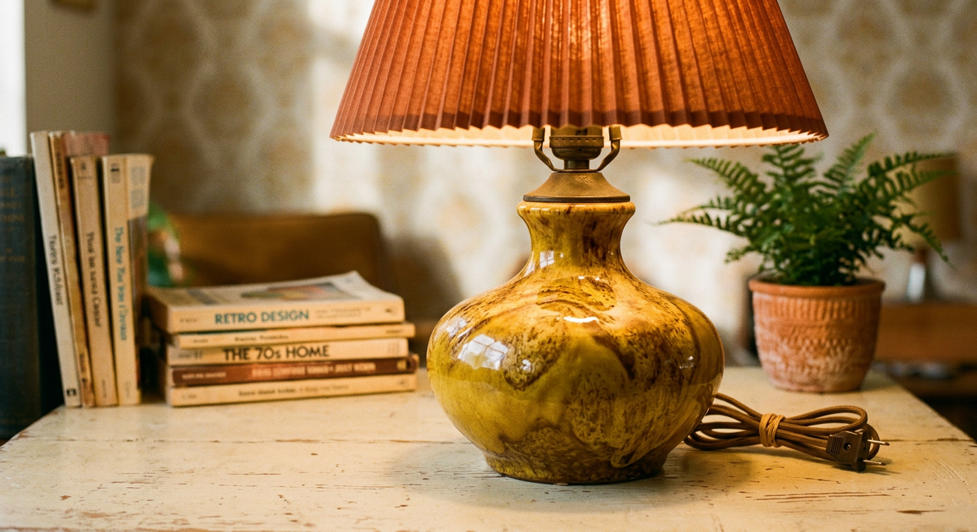Lampe en céramique vintage émaillée jaune et brune sur une table patinée