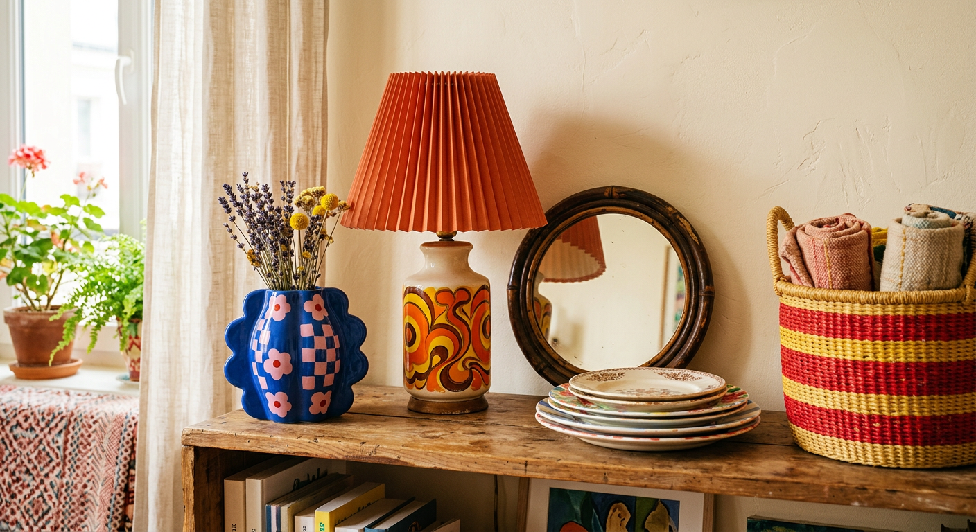 Lampe vintage, vase céramique neuf et panier en raffia posés ensemble sur une étagère en bois