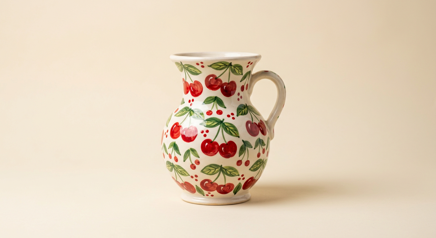 Pichet en céramique peint à la main, motif cerises, emballé dans du papier kraft, exemple d'objet envoyé