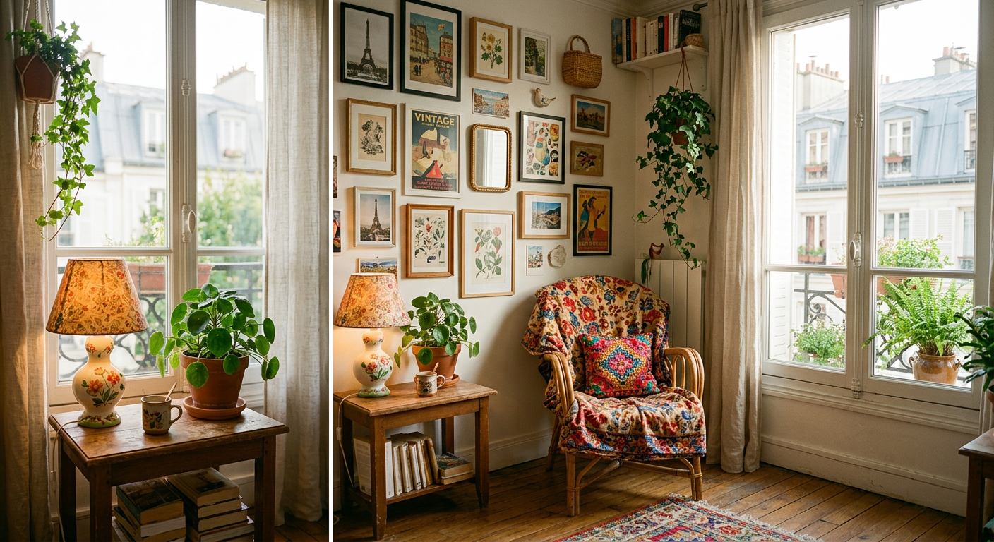 Intérieur d'appartement parisien loué, avec plantes, cadres chinés et fauteuil en rotin coloré